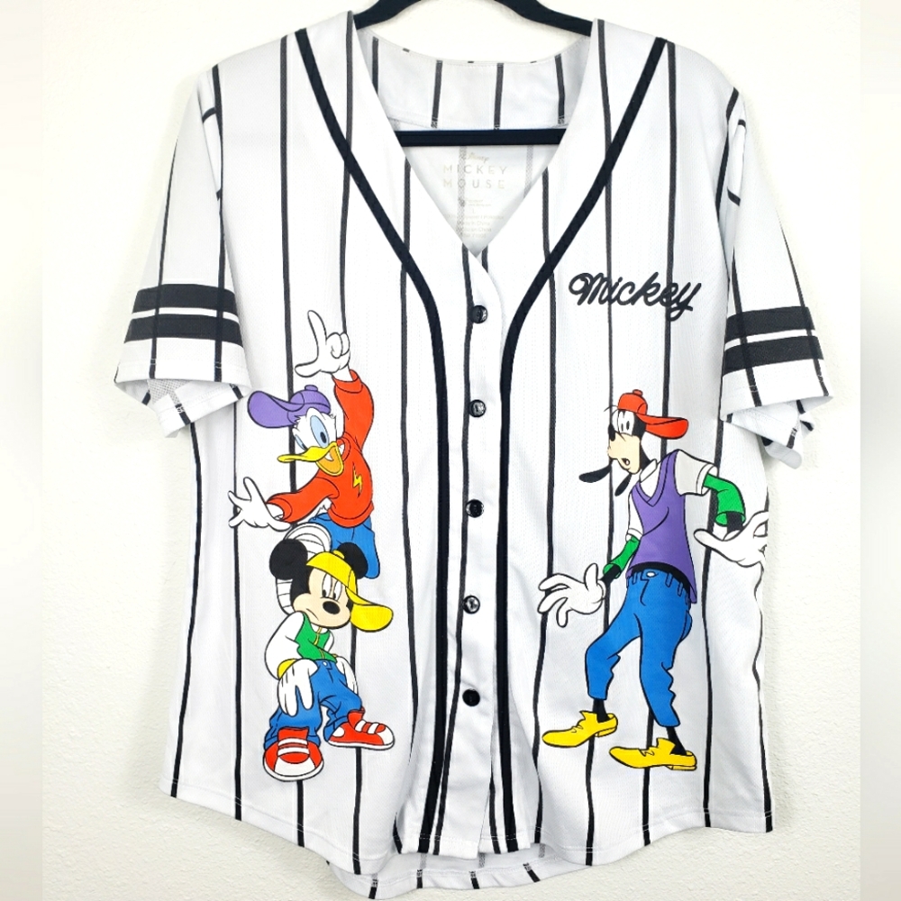 Y2K Disney Mickey Mouse, Goofy and Donald  Pinstripe Button Up Baseball Jersey